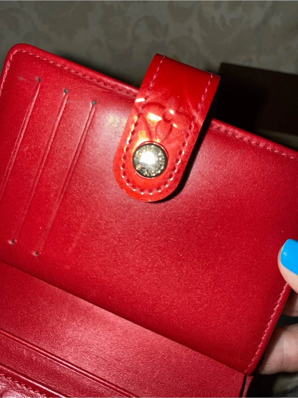 Louis Vuitton Patent Vernis Red Compact French Wallet with Gold Hardware